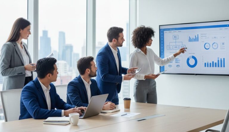 Corporate team collaborating during recruitment process outsourcing solution in a modern office.