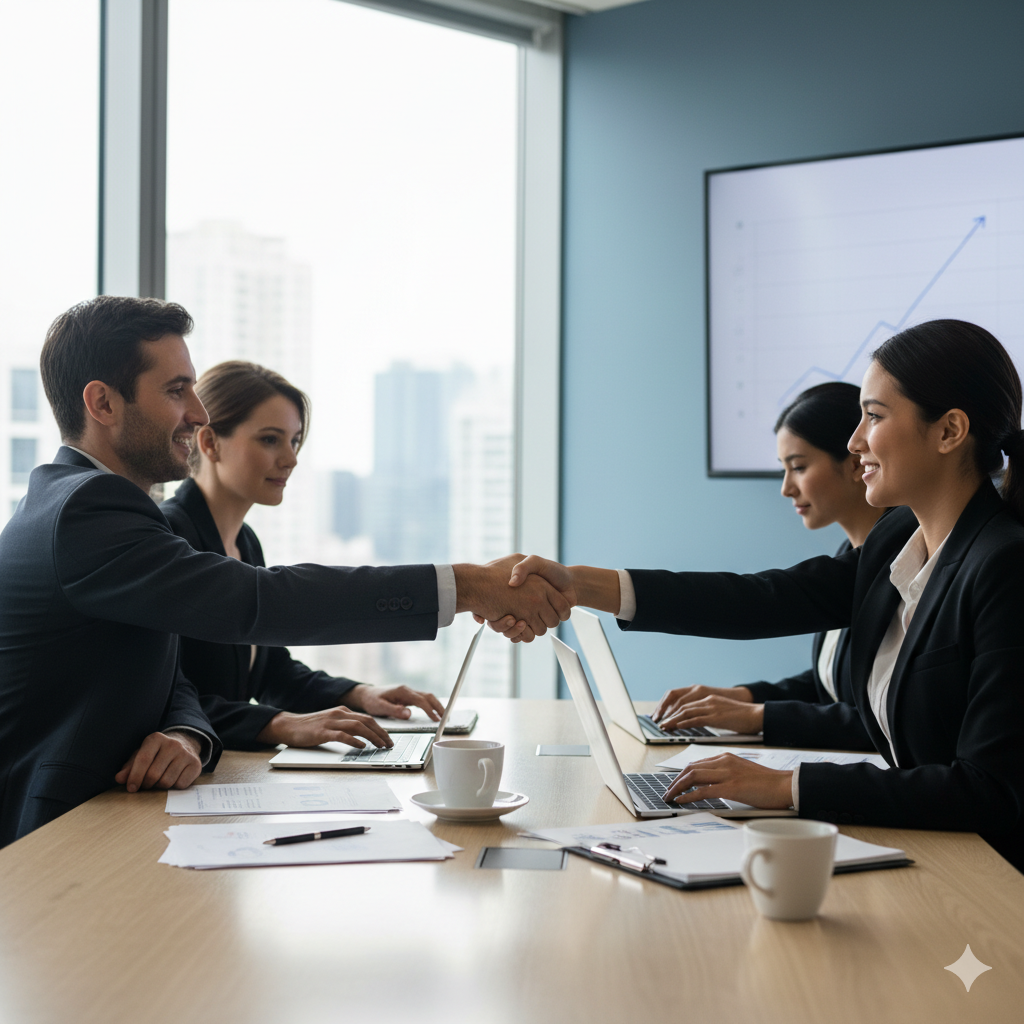 Business handshake agreement in a modern office.