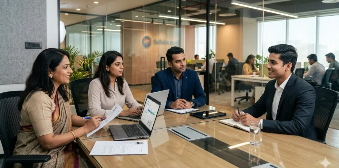 Talent acquisition services in India showing HR professionals conducting an interview in a modern office environment