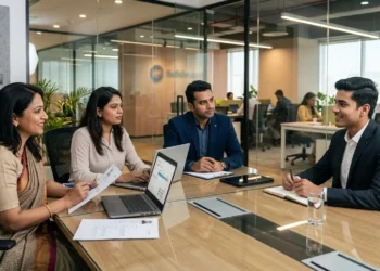 Talent acquisition services in India showing HR professionals conducting an interview in a modern office environment