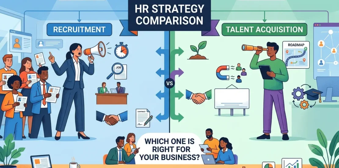 Recruitment vs talent acquisition comparison showing HR hiring strategy