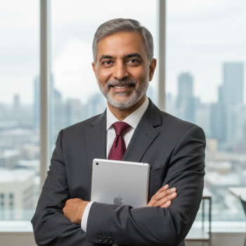 Smiling Indian businessman in suit, holding tablet.