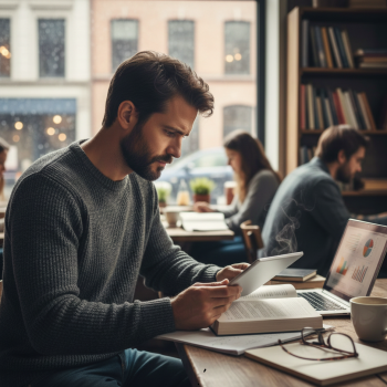 Man reading book in casual learning setting.